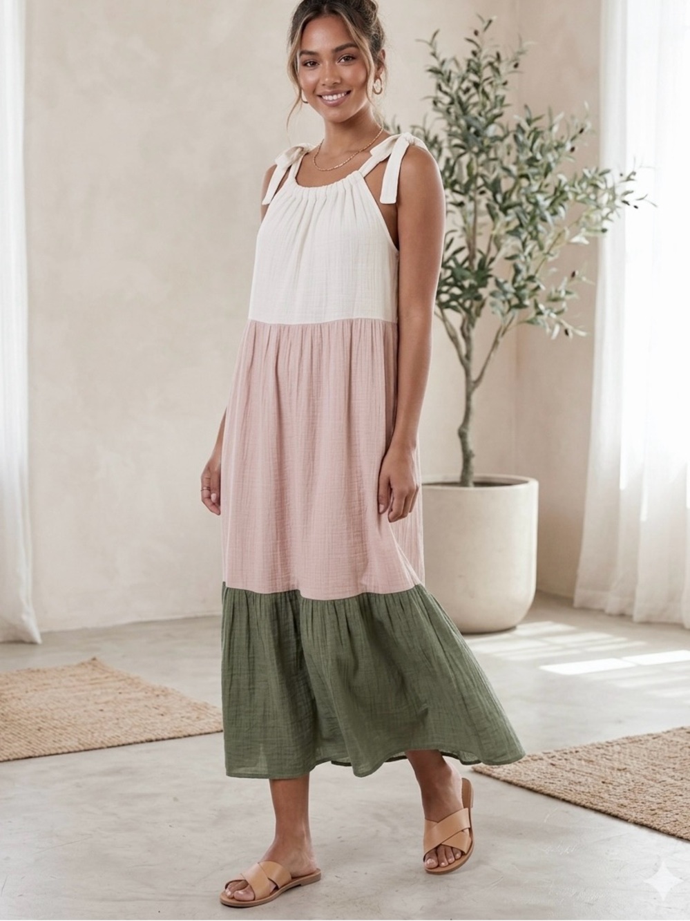 Luxology Colorblock Tiered Maxi/Sun Dress | Cottagecore Boho Tie-Strap | Size M